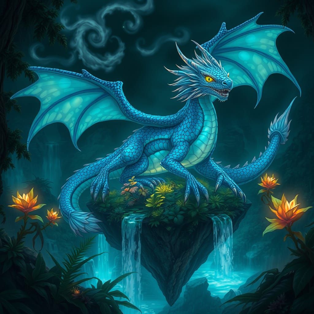 Epic Fantasy Dragon perched atop a Lush Floating Island