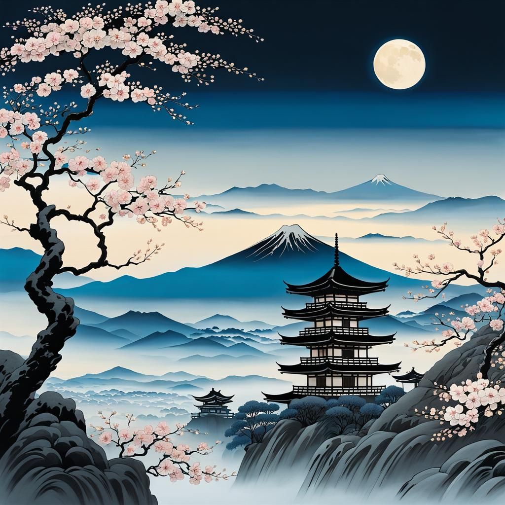 Moonlit Japanese Landscape in Shin Hanga Style