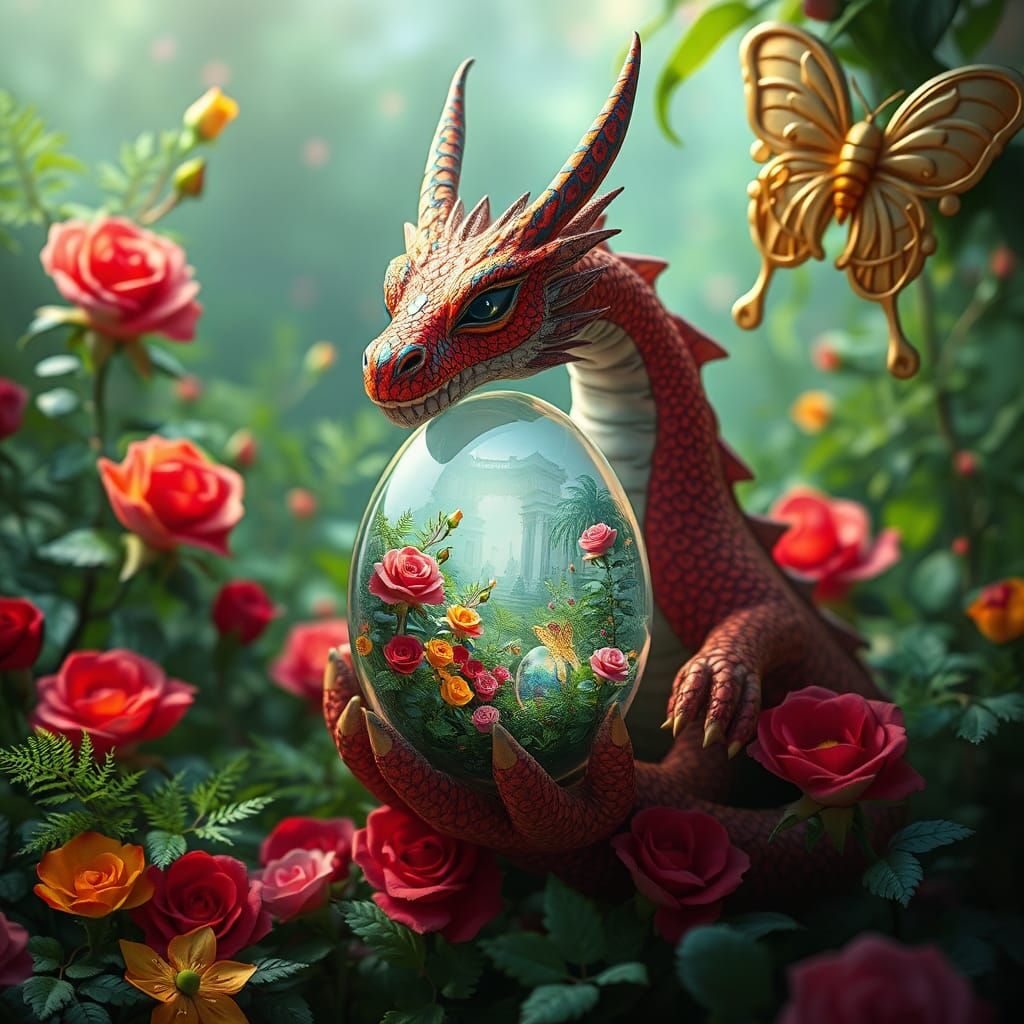 Dragon Holding Glass Egg: Surreal Digital Art