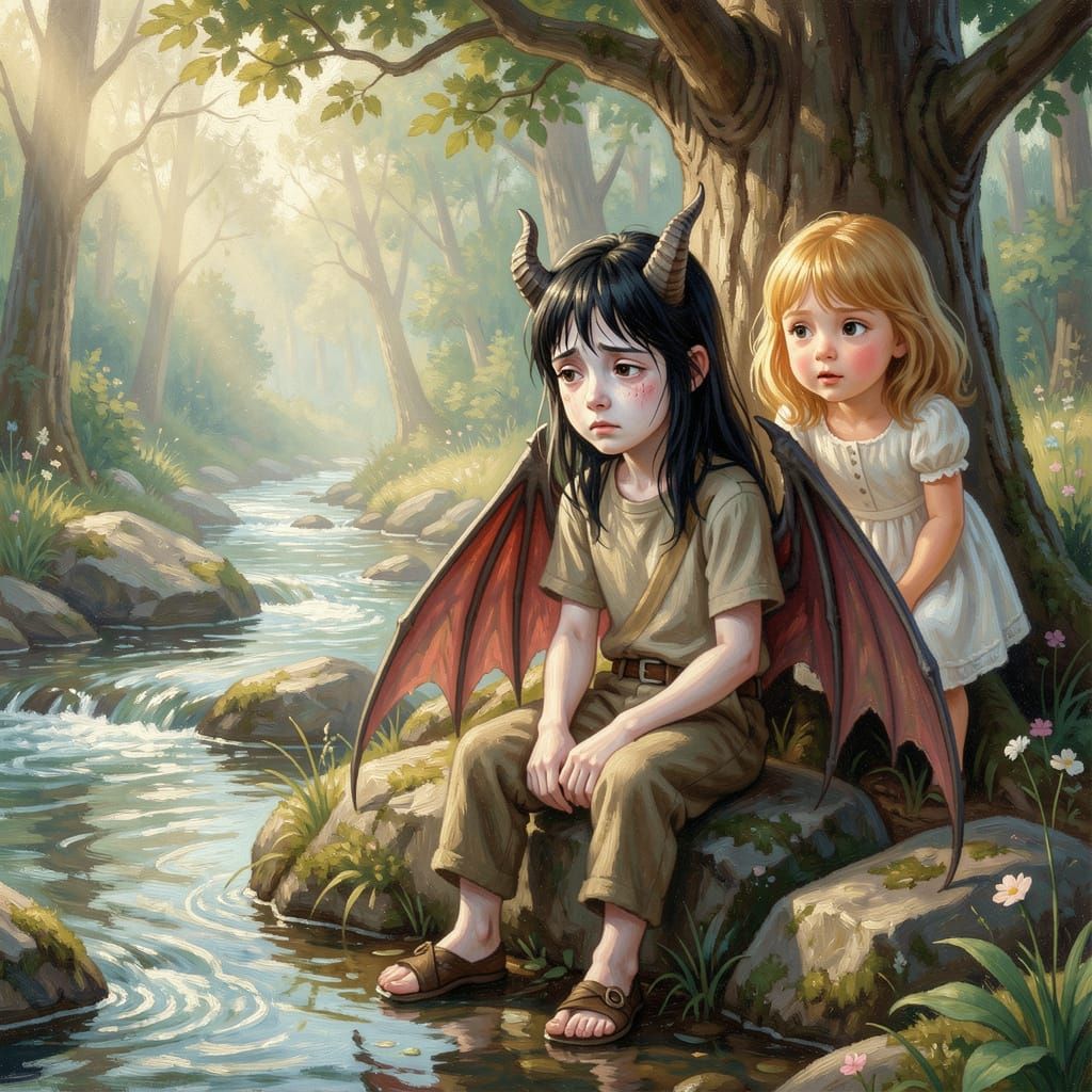 Sad Demon Boy and Curious Girl by Stream