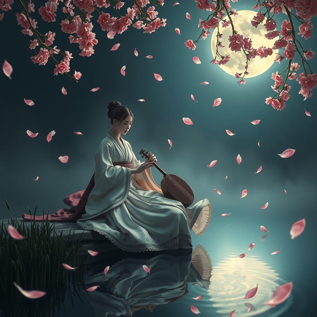Koto Player Under Cherry Moon: A Digital Art Serenade