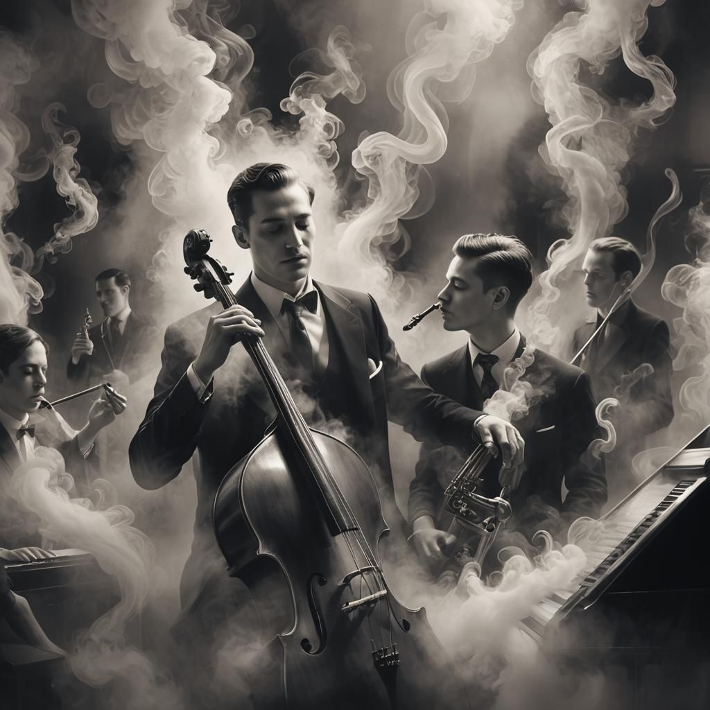 16k resolution, monochrome scene, jazz club from the 1920s, spotlight on a singer and musicians made entirely of swirlin...