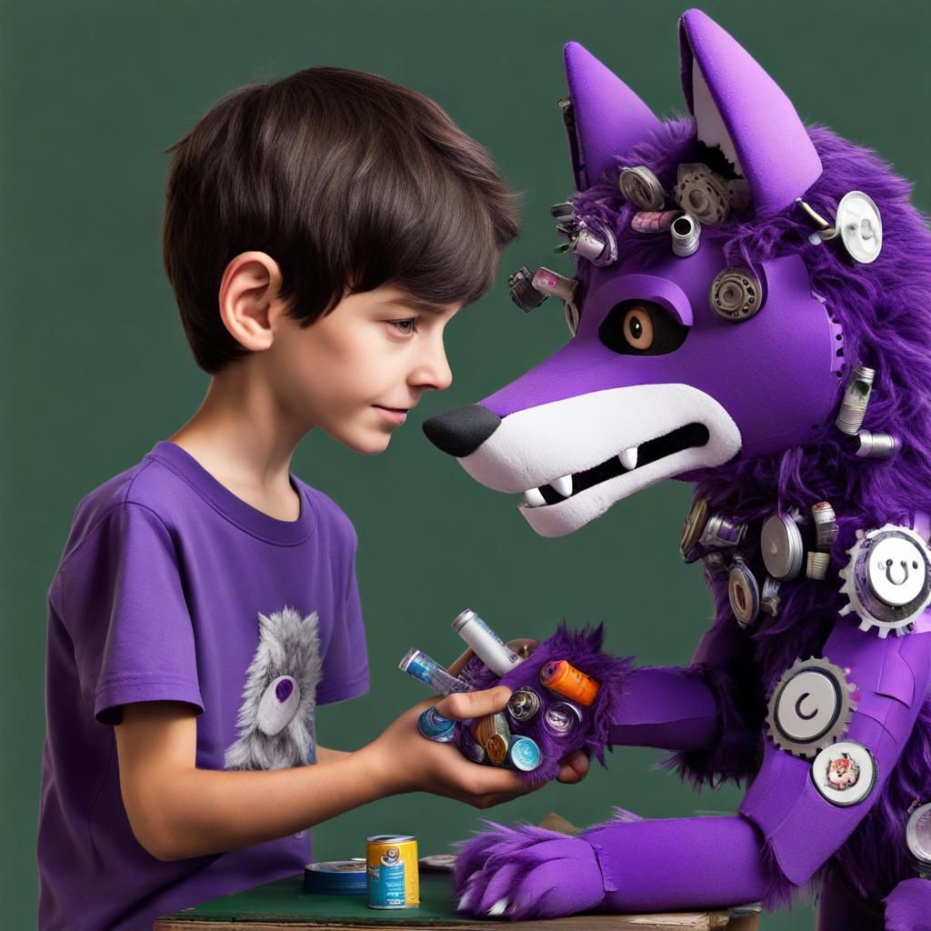 Dark haired Boy with open brown eyes making A purple anthropomorphic wolf wearing a plushy fursuit purple wolf fursona a...