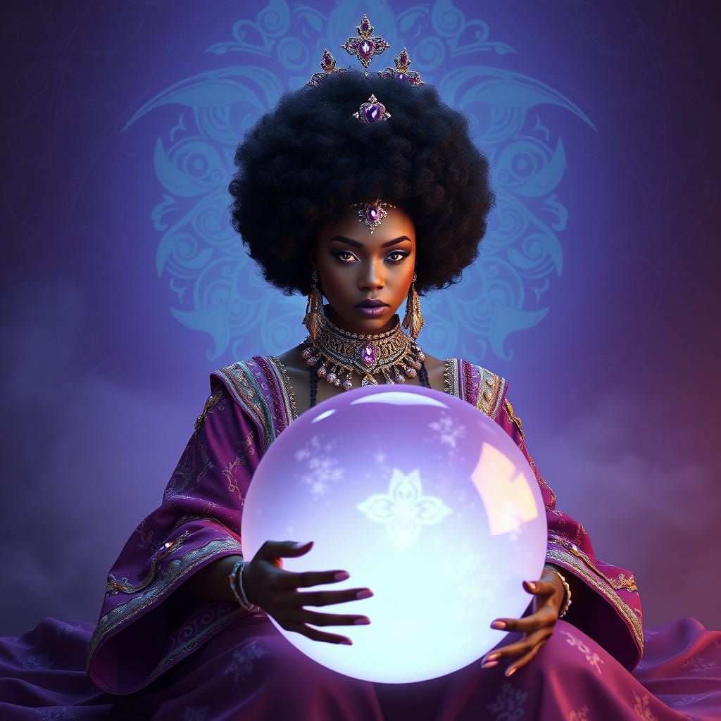 Elegant Black Seer Surrounded by Mystical Aura in Luxurious...