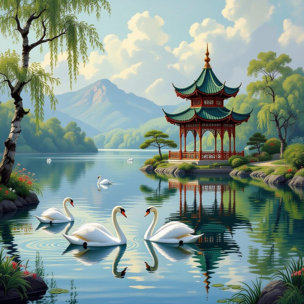 Victorian Pagoda on Lake With Swans: Dreamy Art