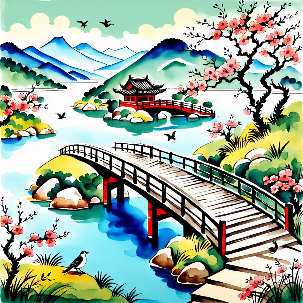 Oriental Landscape with Cherry Blossoms in Watercolor