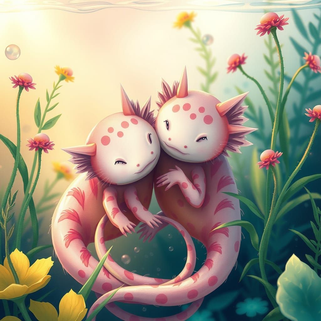 Whimsical Aquatic Scene of Axolotls in Love