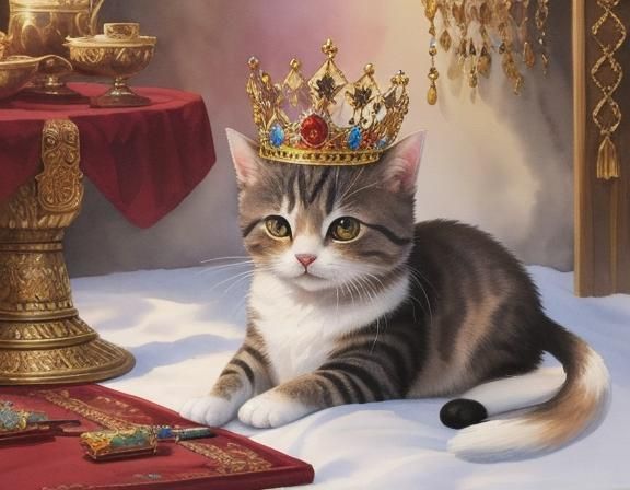 Crowned Cat in Magical Watercolor Kingdom