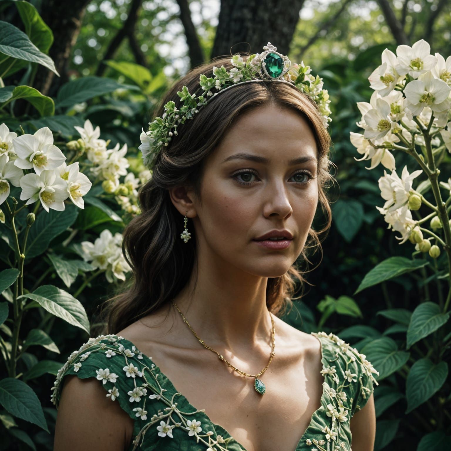 White gold tiara inspired by Hydrangeas (Hydrangea macrophylla) and Green Orchids (Dendrobium kingianum). The design fea...
