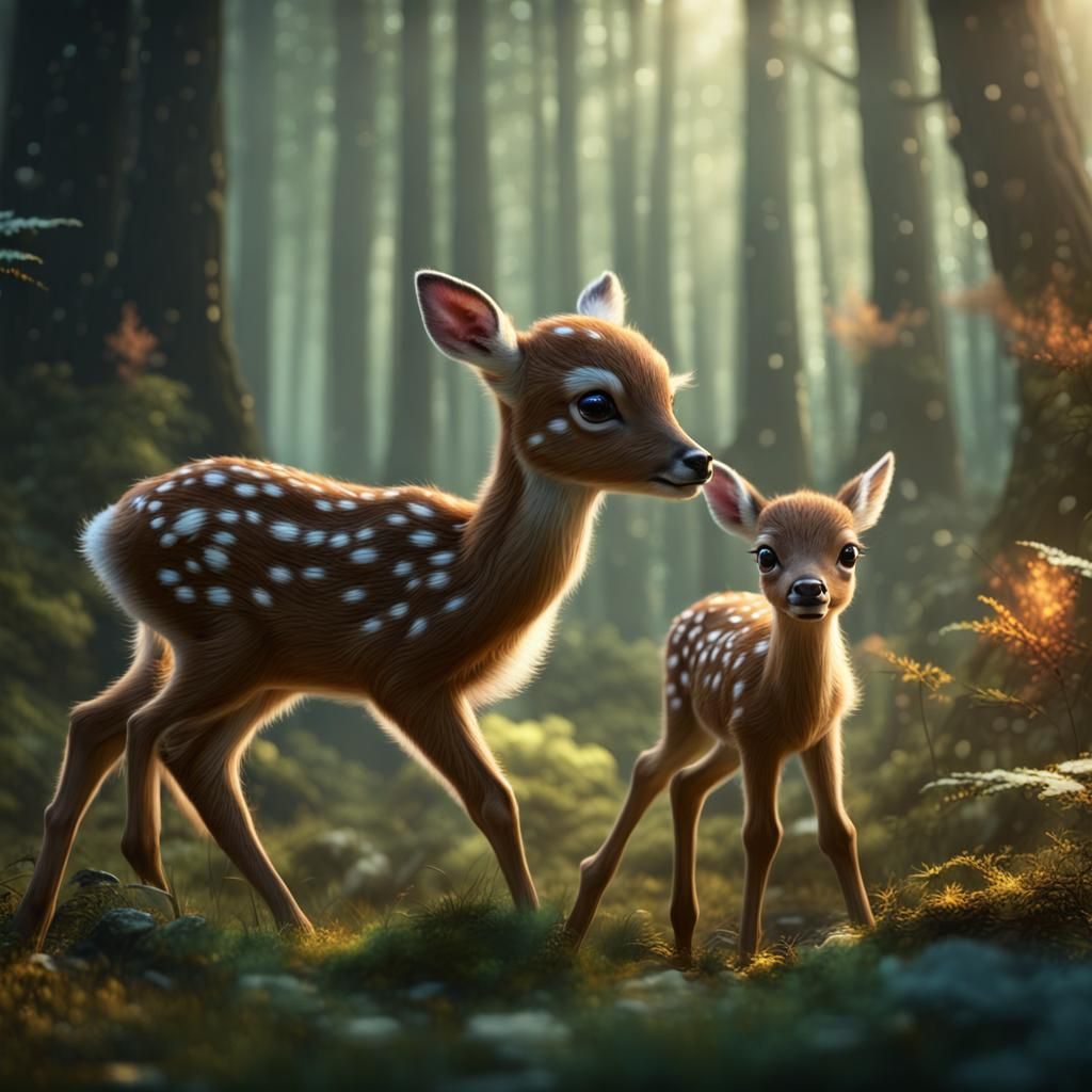 adorable baby deer, playing and frolicking in the forest.