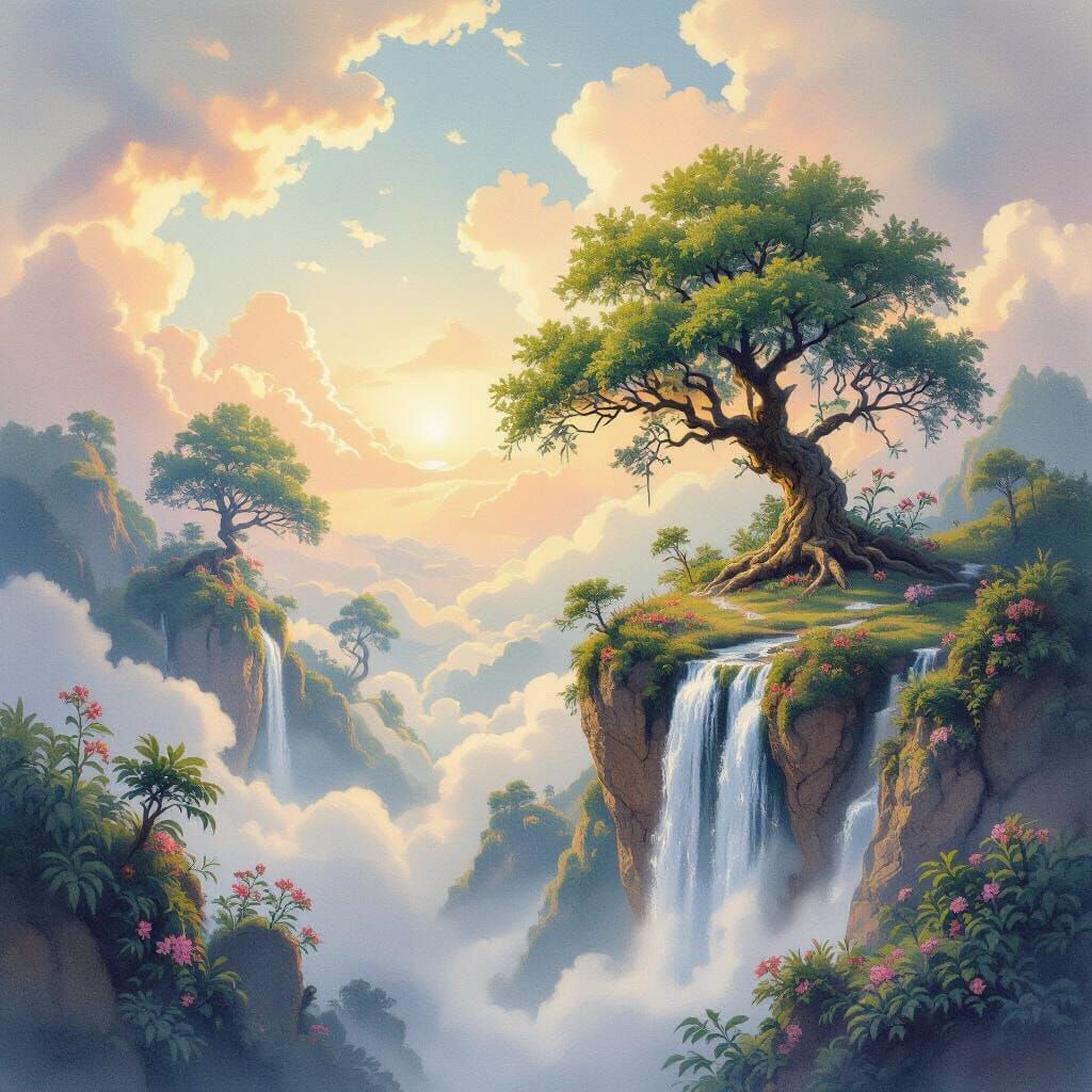 Ethereal Watercolor Landscape: Trees, Flowers, and Waterfall...