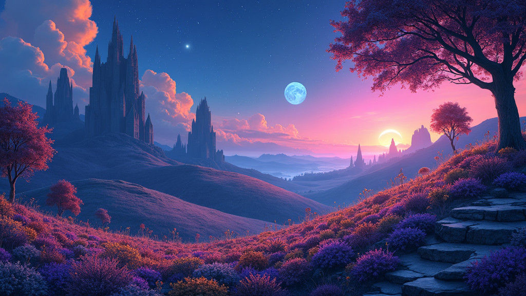 Iridescent Night Landscape with Glowing Flora