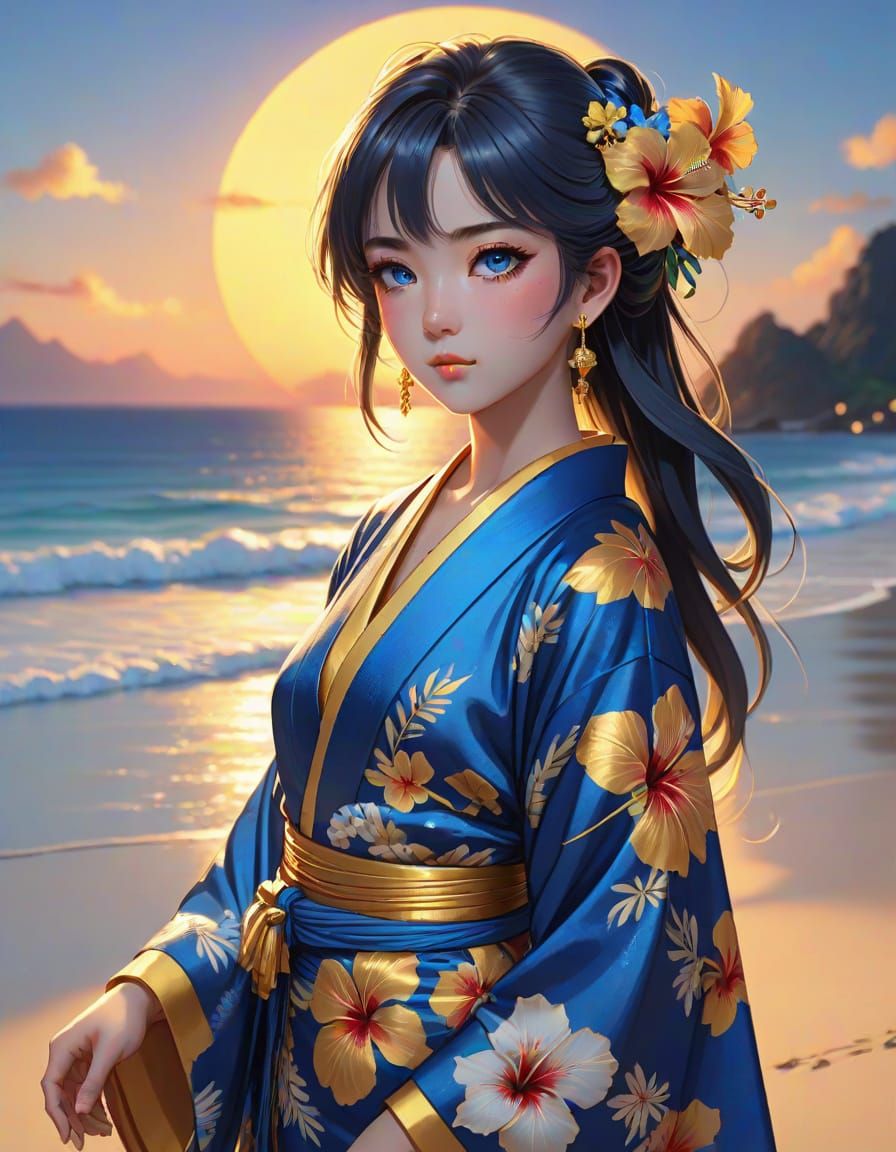 Tropical Woman on Beach in Anime Style
