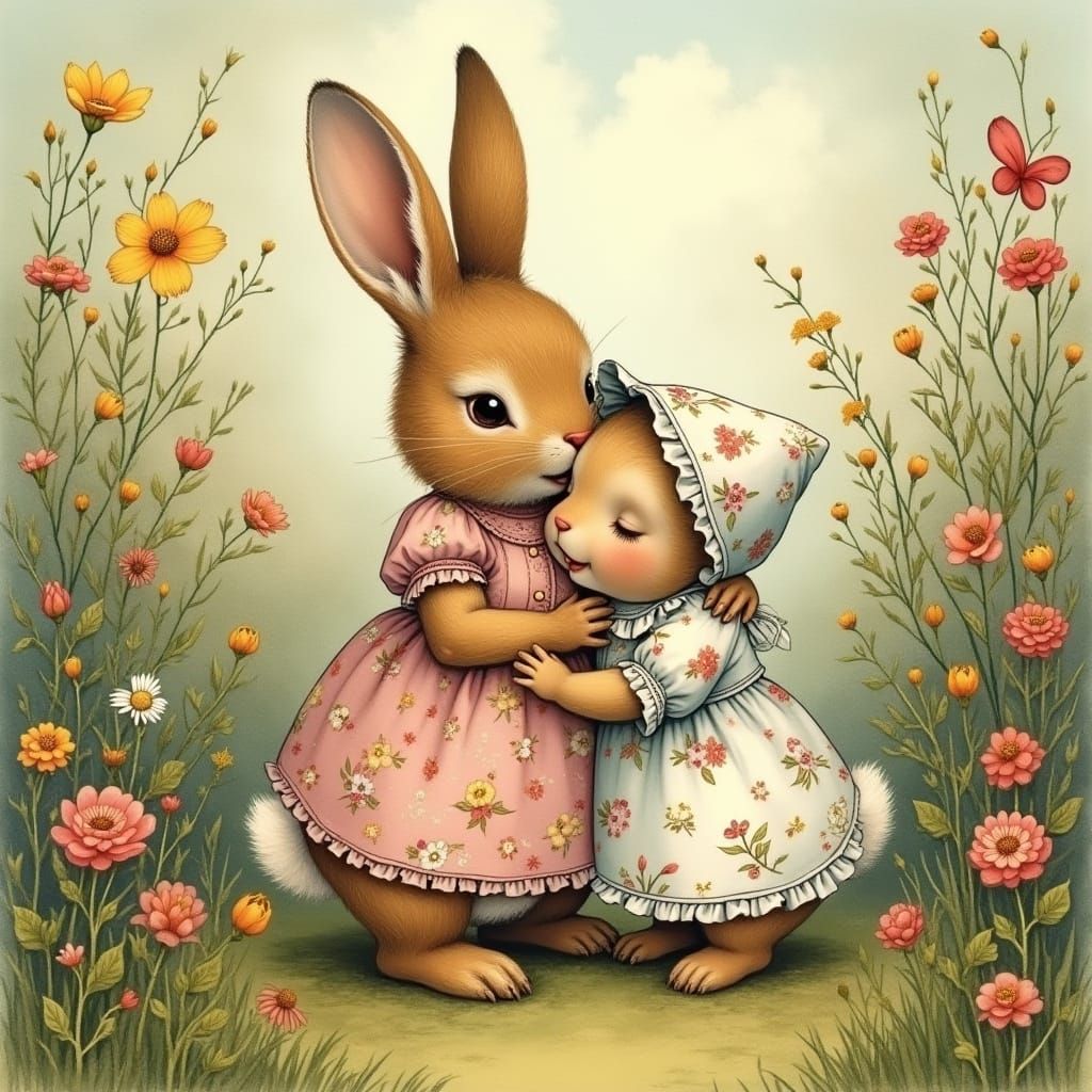 Rabbit Family in Flower Forest, Whimsical Illustration