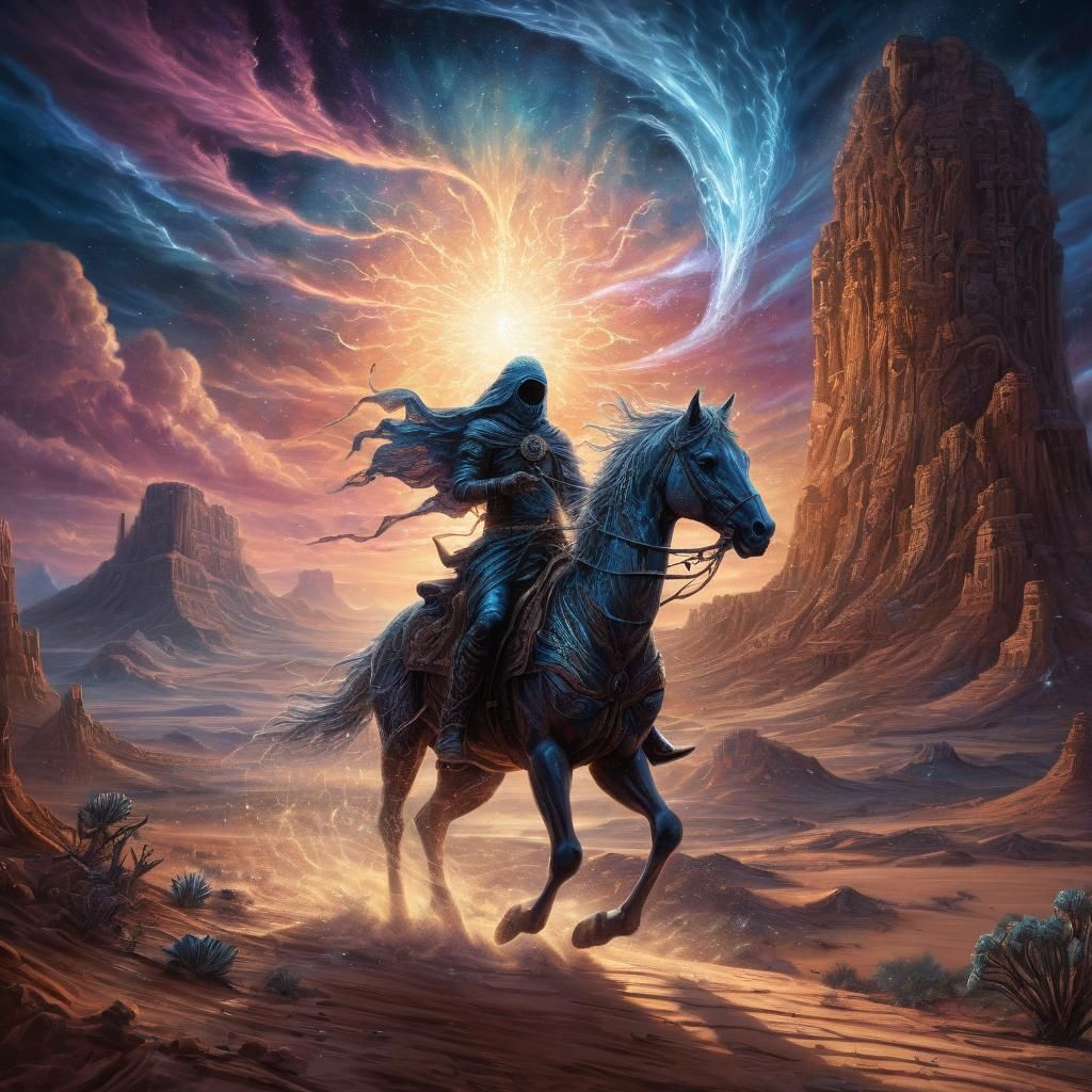 Necromantic Horseman in Forbidden Desert Landscape
