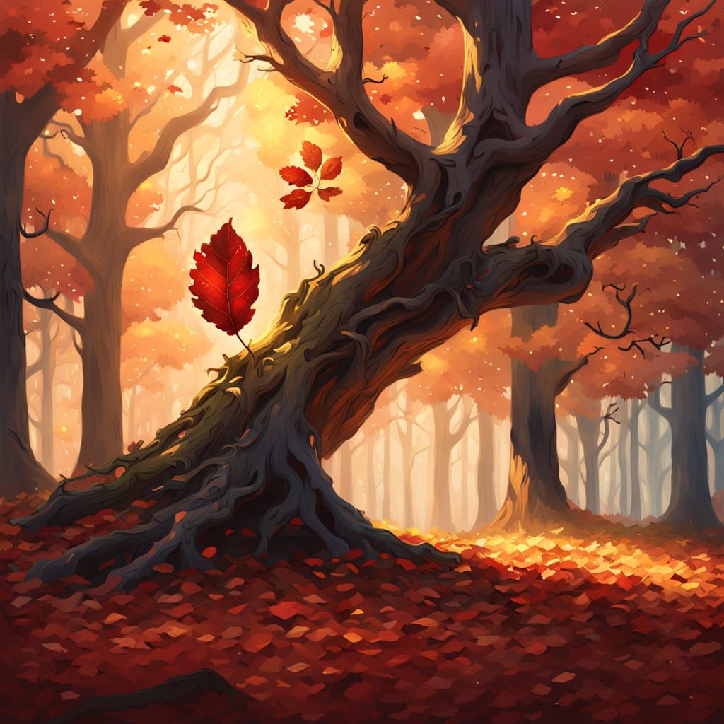 Golden Hour Forest Scene: A Single Leaf Falls