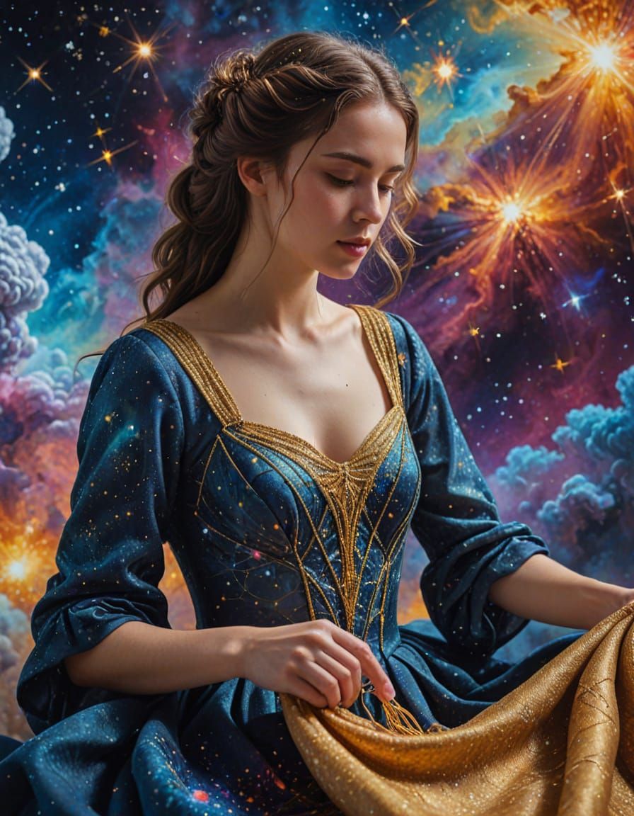 Celestial Seamstress Weaving Gowns from Nebulae and Starligh...