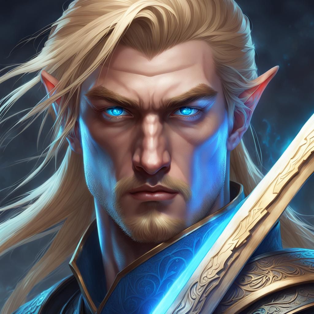 Elven Swordsman Portrait with Glowing Eyes