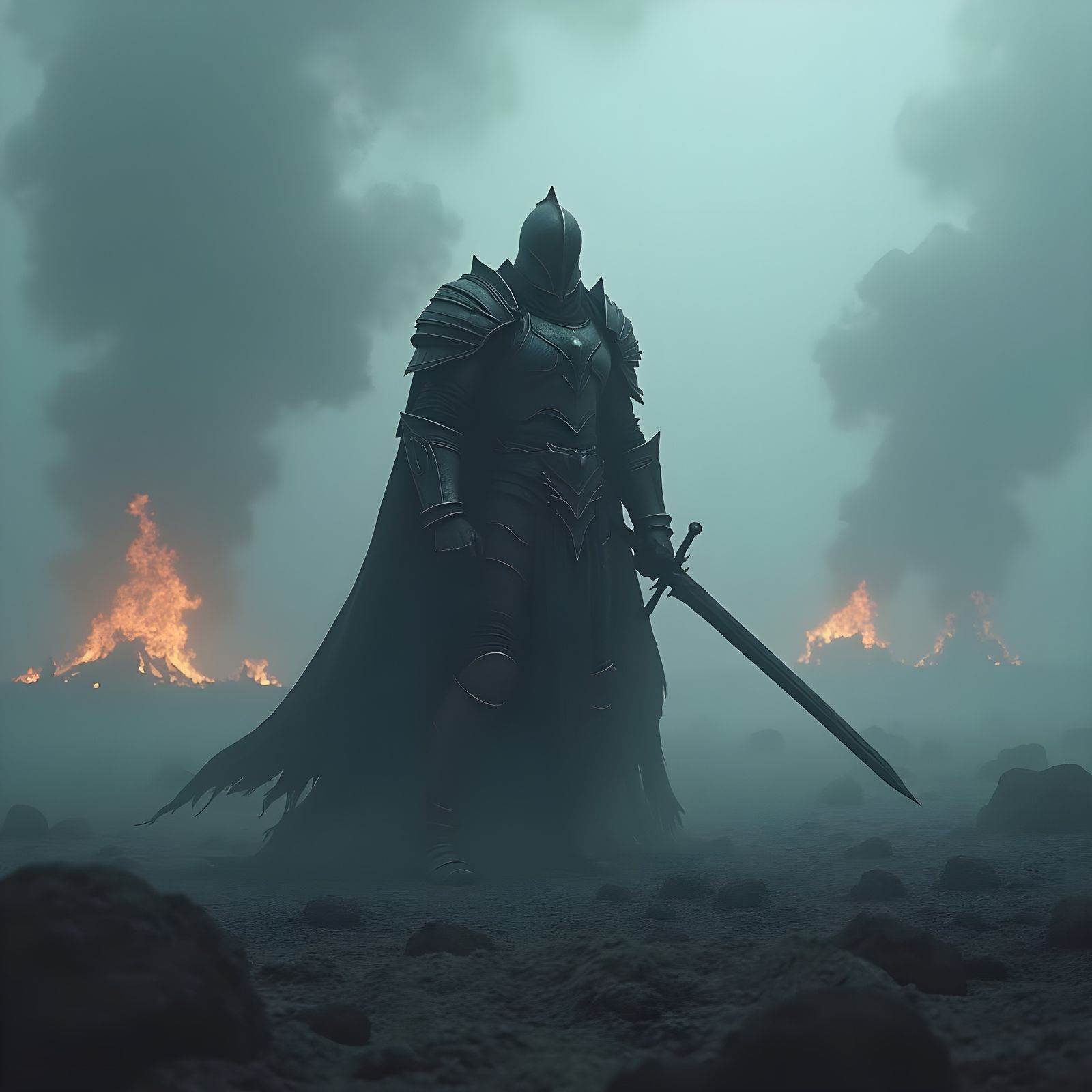 Armored Warrior on Foggy Battlefield: Detailed Matte Paintin...