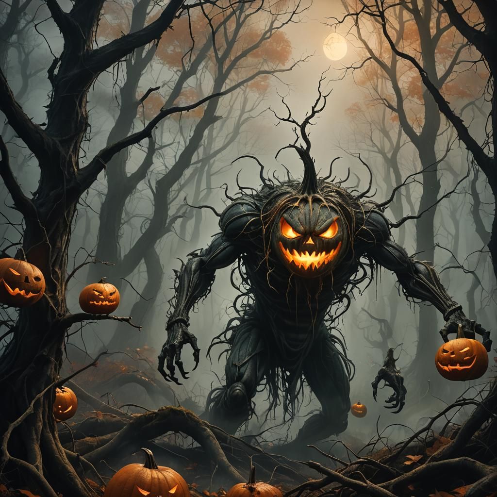 Pumpkin-Headed Monster Roars in Mystical Forest