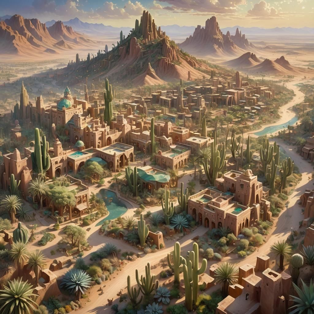 Dreamlike Cityscape in Desert Oasis, Fantasy Architecture