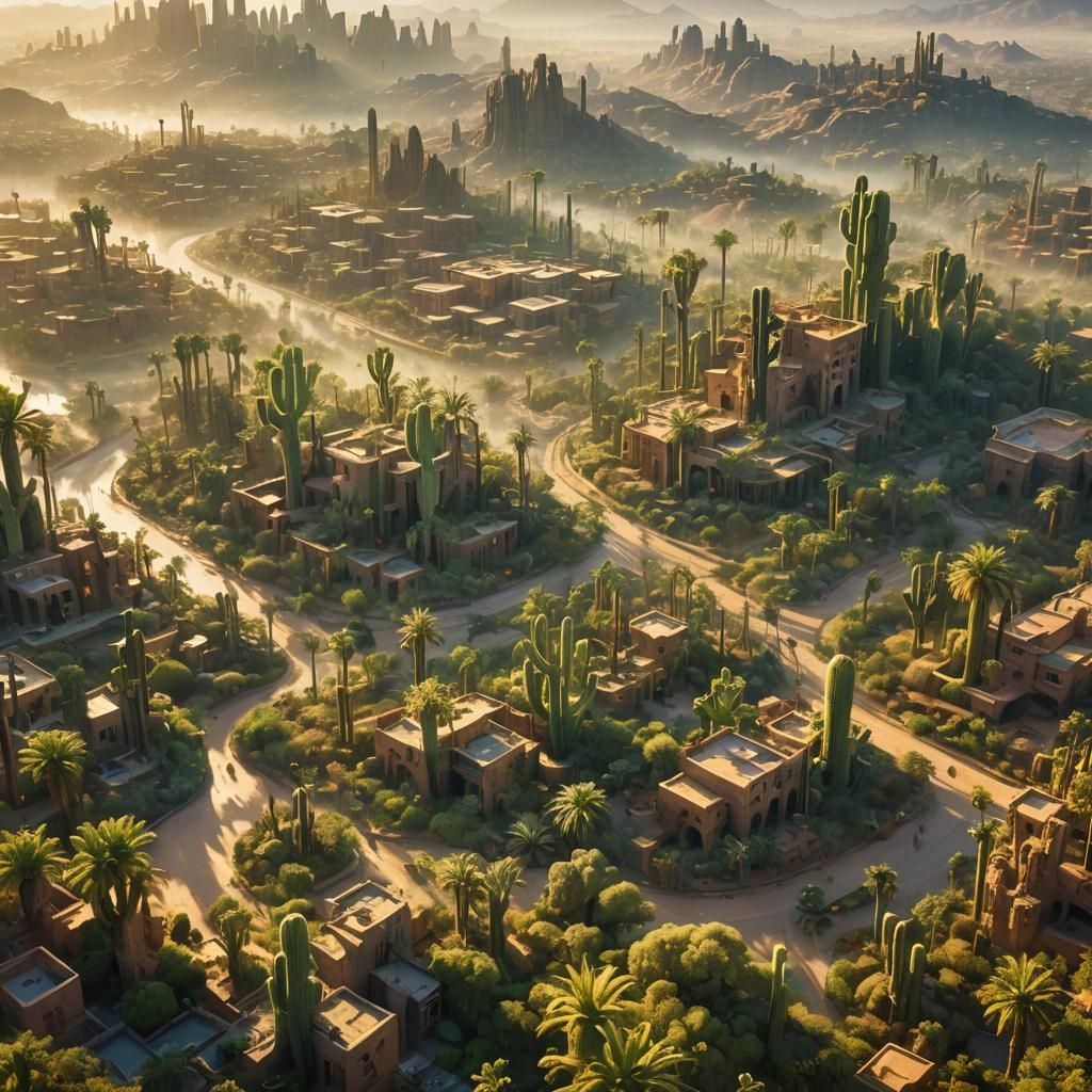 Fantasy Desert Oasis City in Golden Hour Light