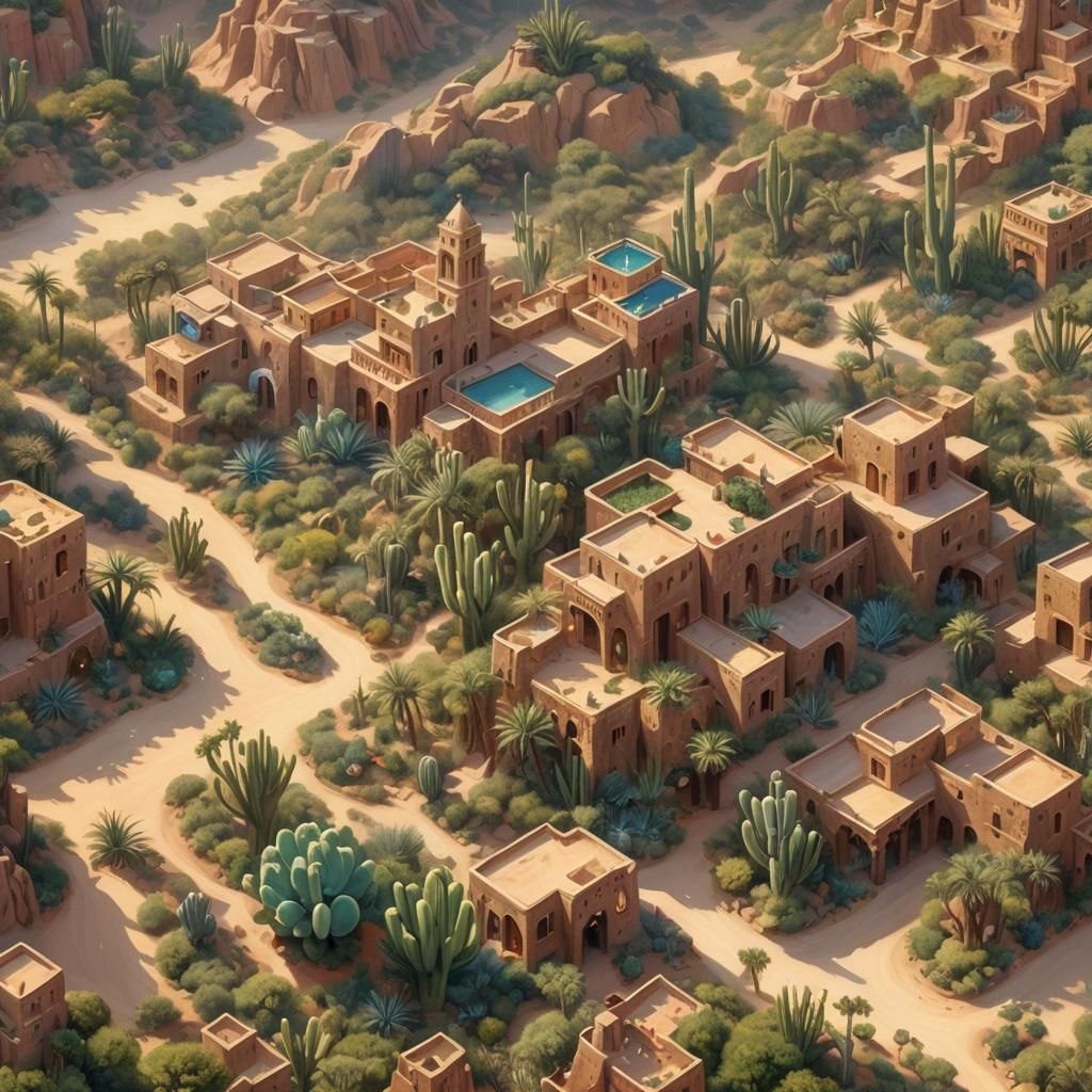 Fantasy City of Bark and Greenery in Golden Light