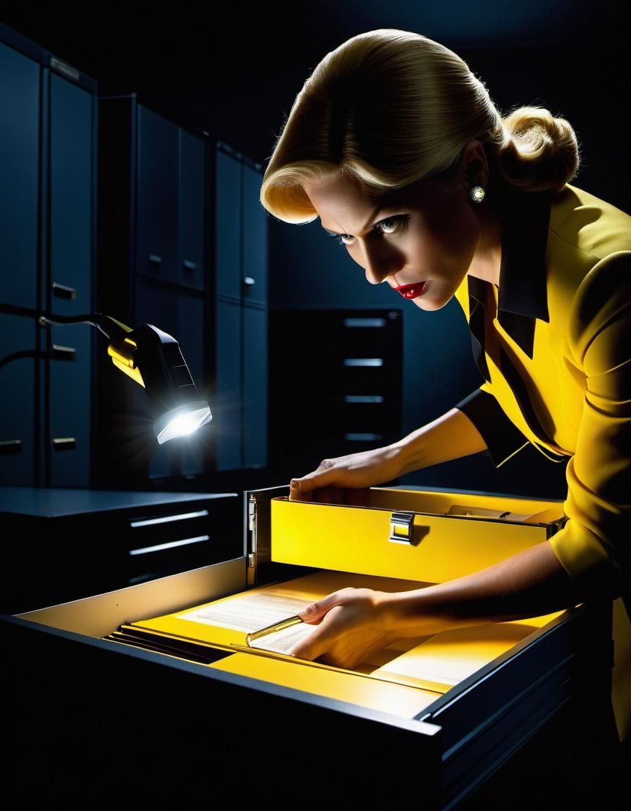 Female Spy Illuminates File Drawer at Night