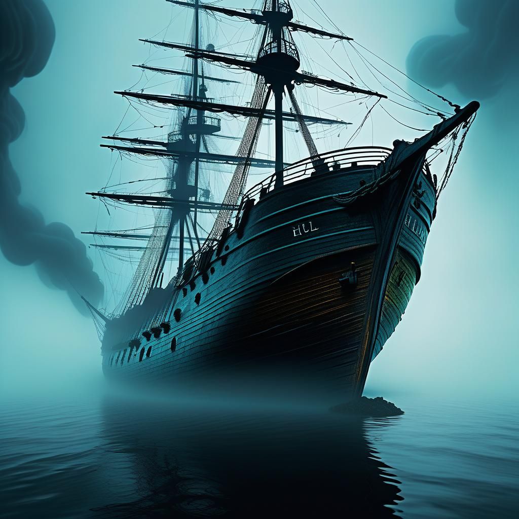 Surreal Nautical Art: Ghostly Ship in Bioluminescent Fog