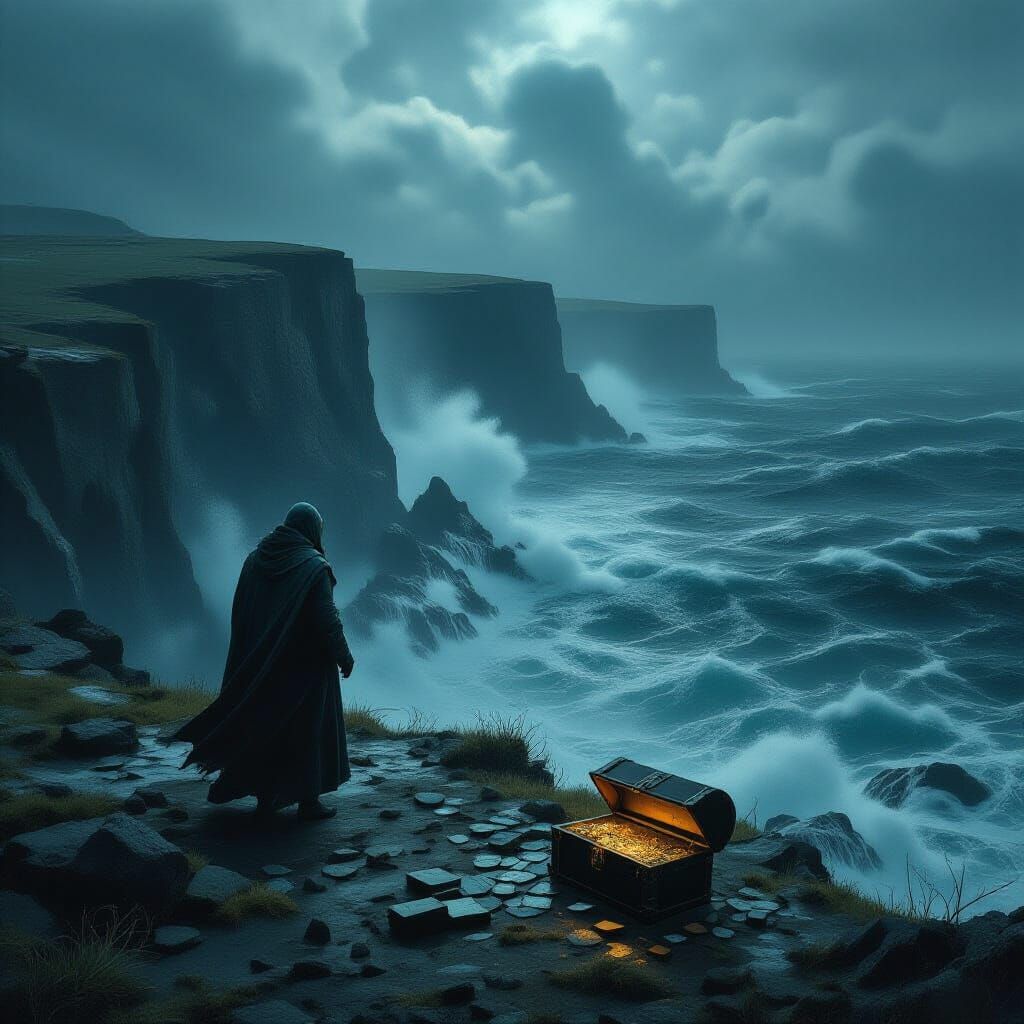 Ancient Mariner on Windswept Cliff Overlooking Turbulent Oce...