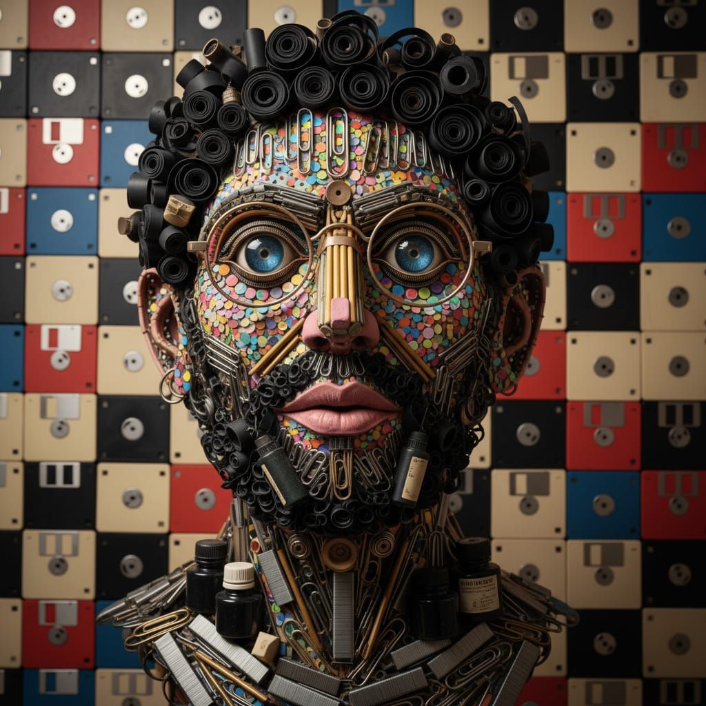 Retro Office Supplies Assemblage Portrait