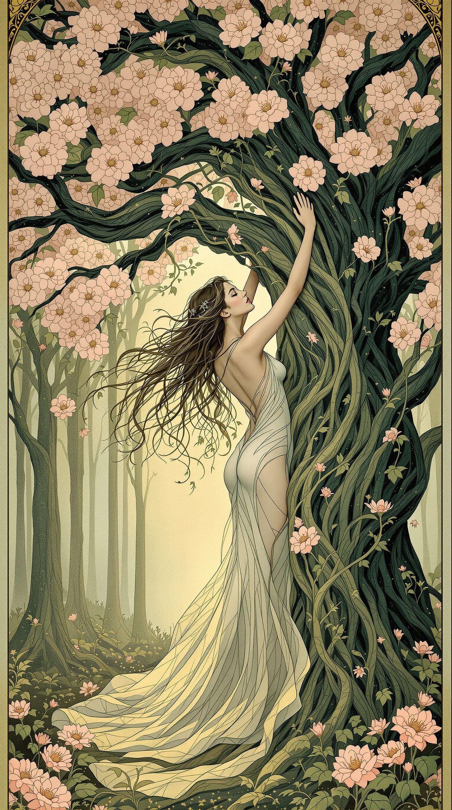 Art Nouveau Dryad Emerging From Blooming Tree