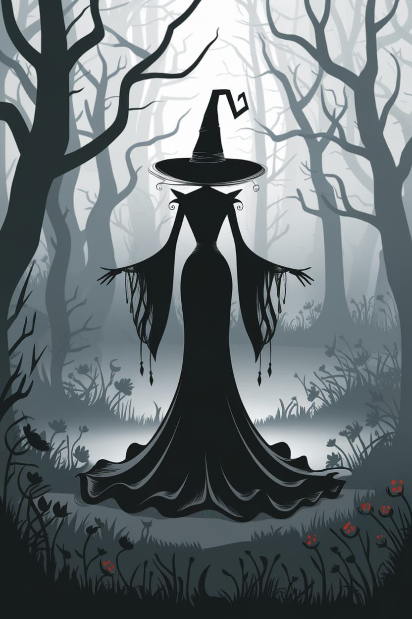 Mysterious Witch in Eerie Forest, Gothic Art