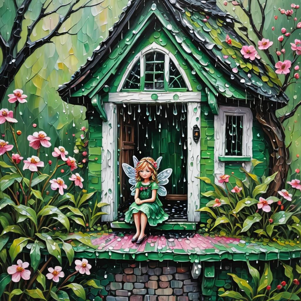 Fairy in Cherry Field: Impasto Expressionist Painting