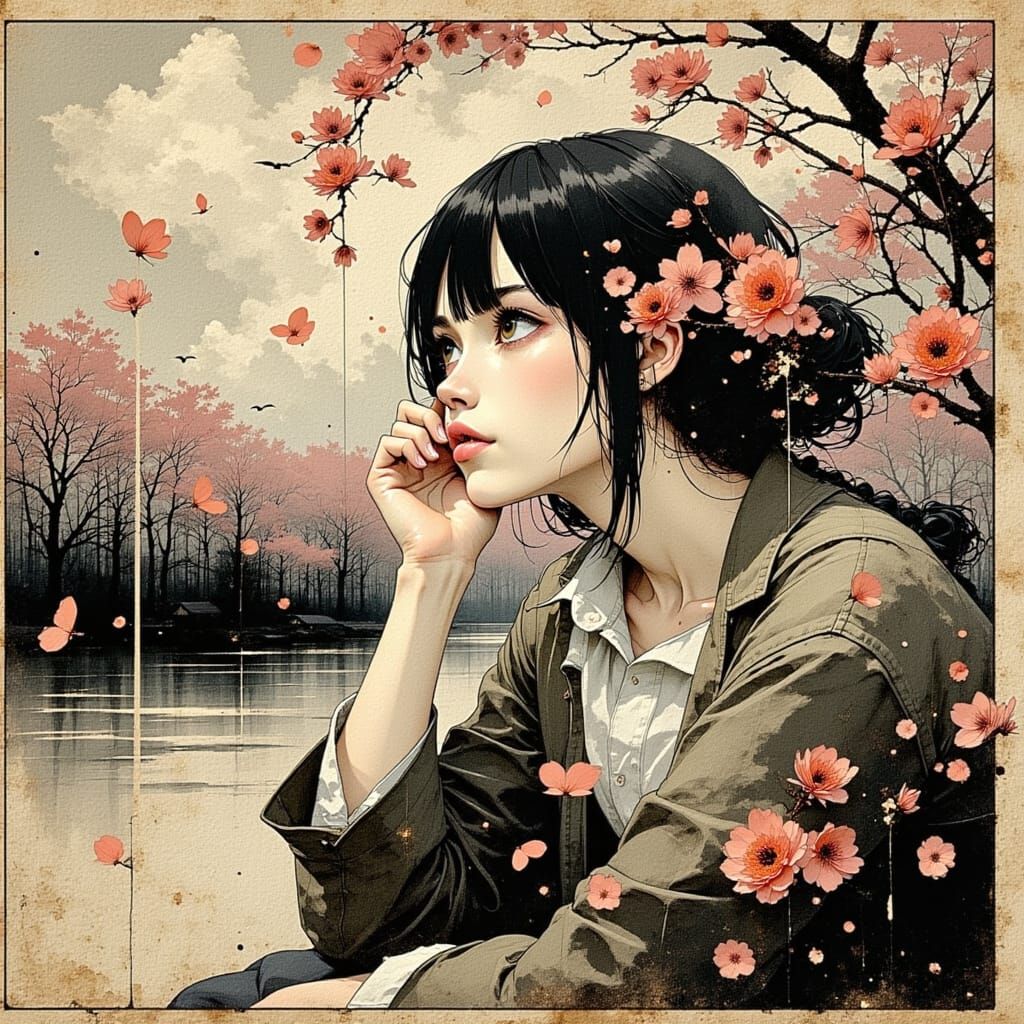 Anime Girl in Park Under Cherry Blossoms, Vintage Style