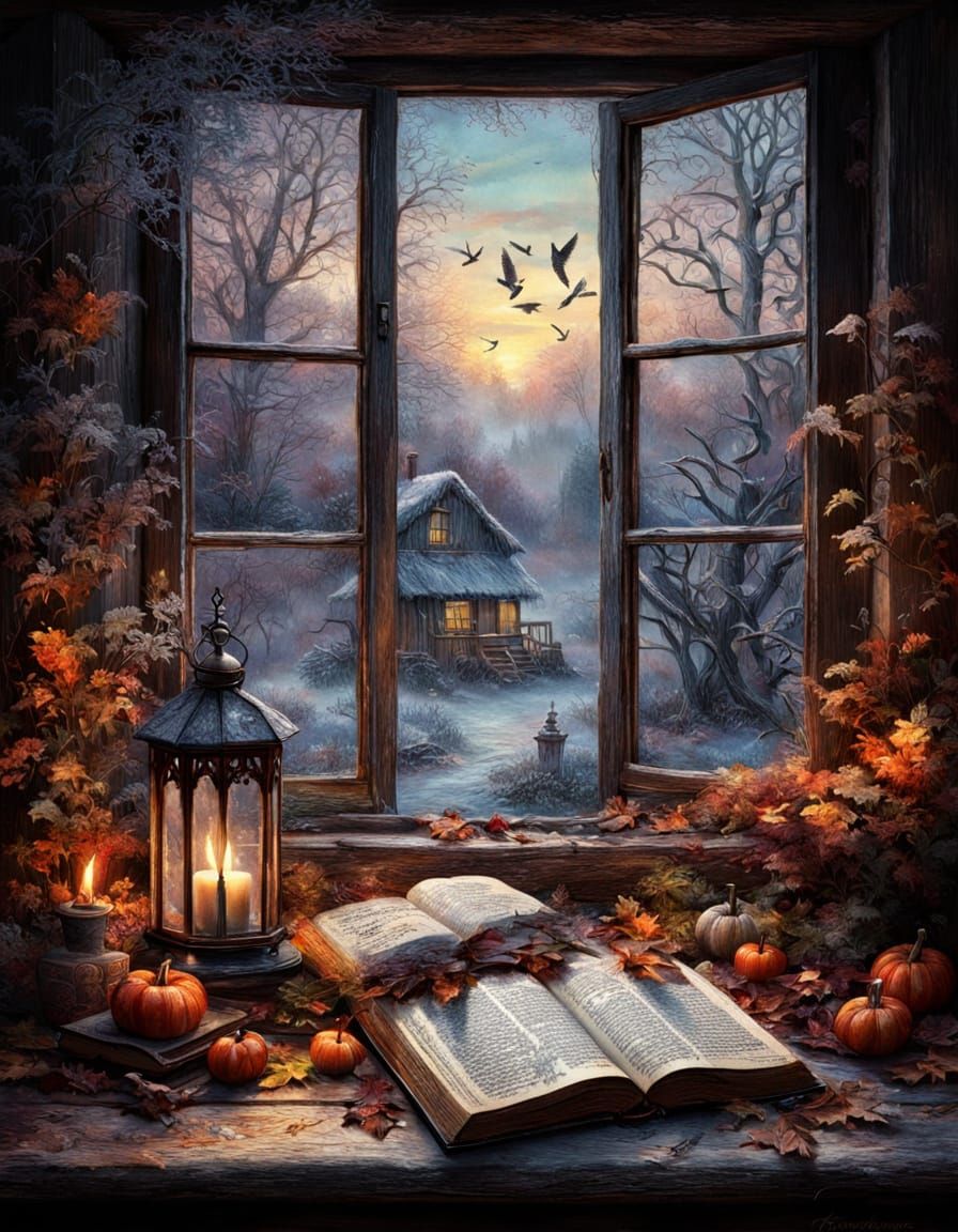 Ethereal Autumn Landscape in Old Book