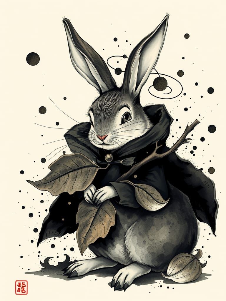 Whimsical Rabbit in Ink Cloak as Sumi-e Art