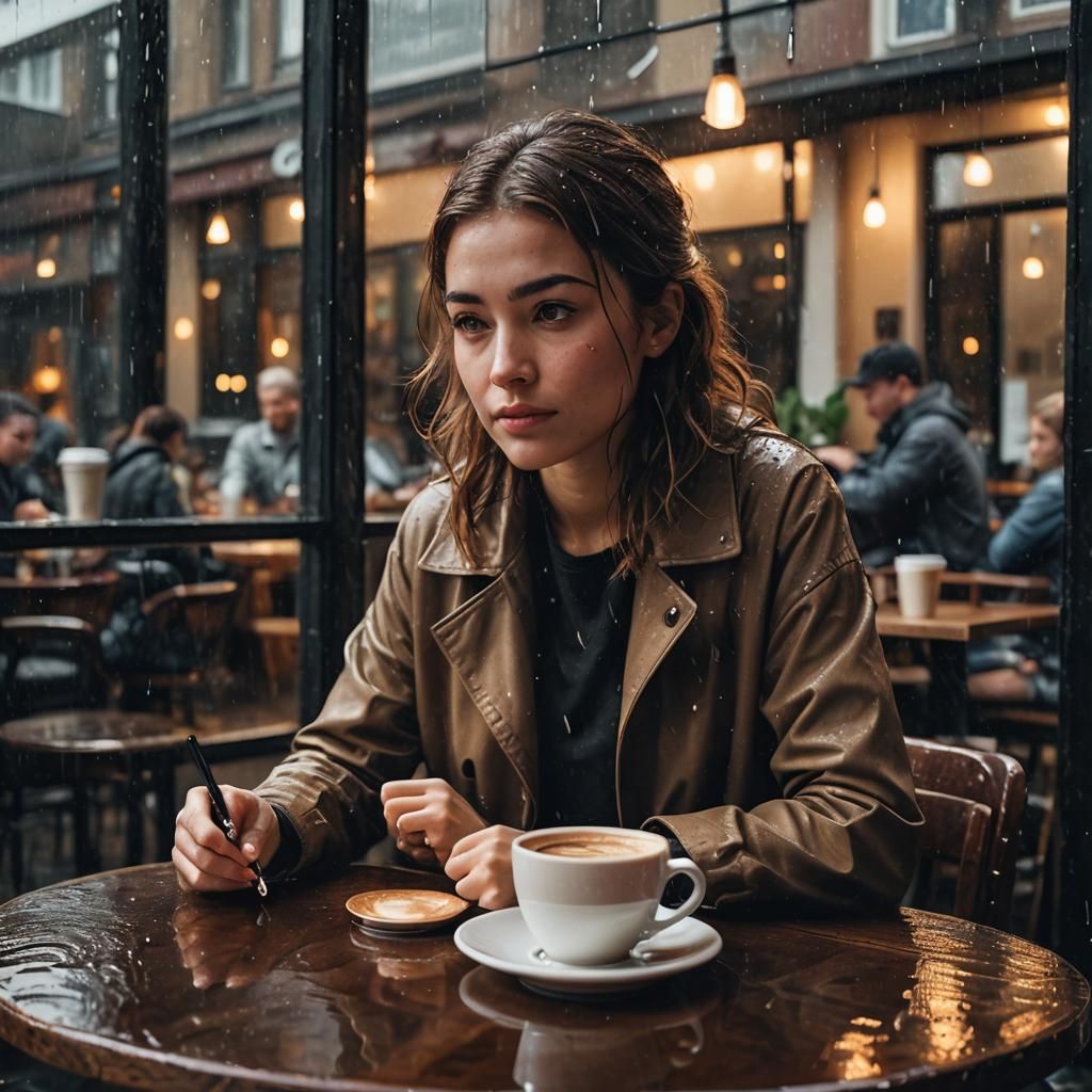 Girl with Coffee in Cozy Shop: Hyper-Realistic Photo