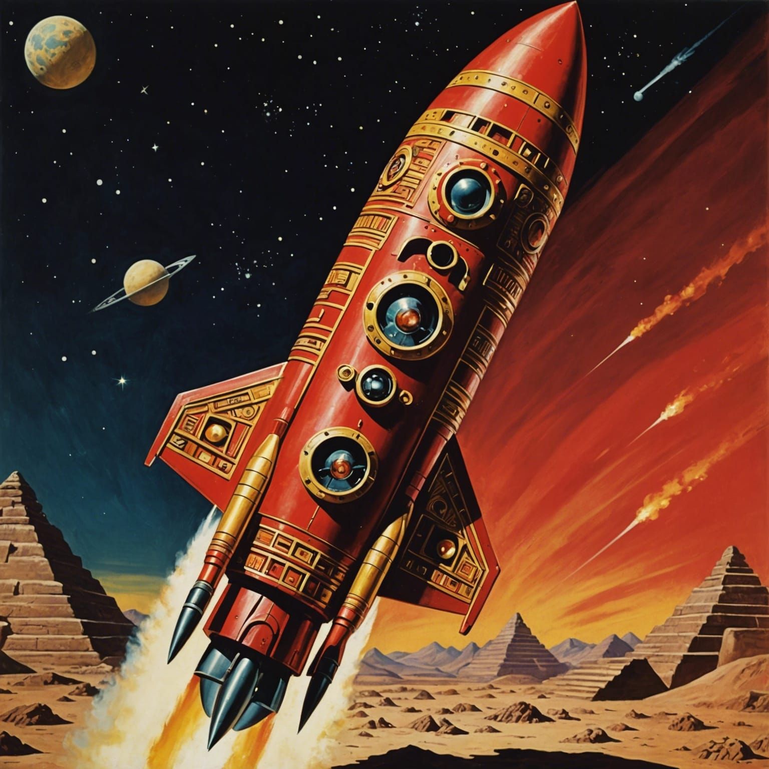 Aztec Space Rocket in Pulp Sci-Fi Style