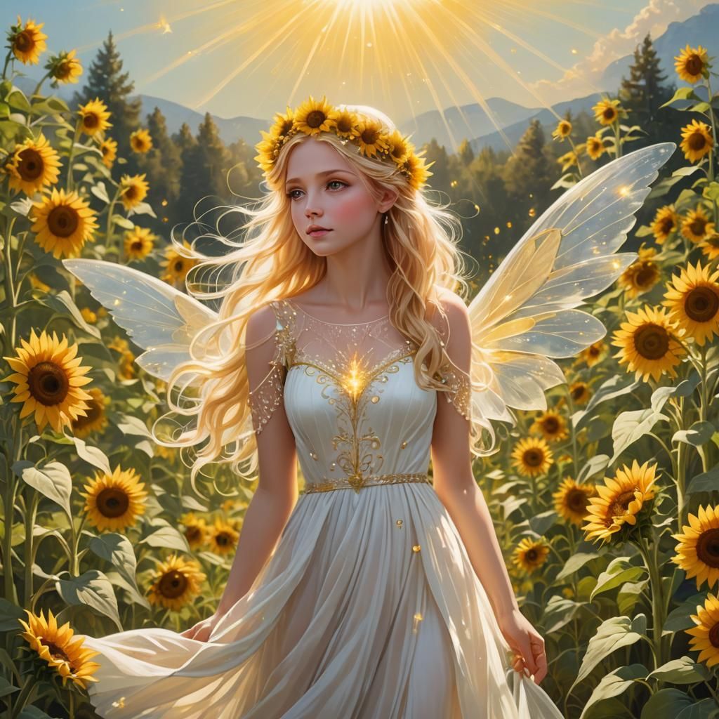 Ethereal Fairy Casting Light Spell in Sunflower Field