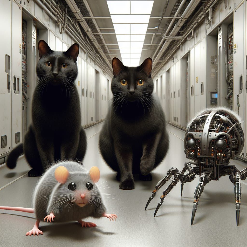 Cats and Rodent Repairing Space Station with Robot Spiders