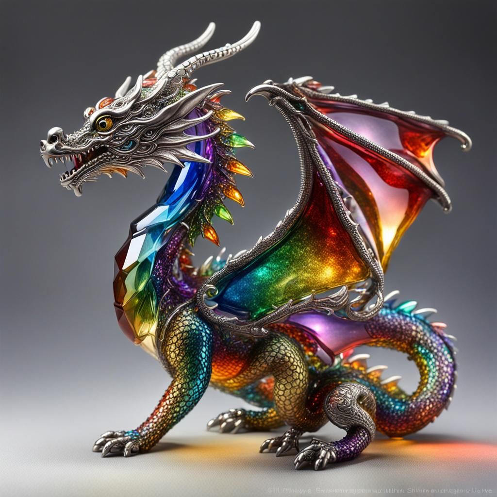 Rainbow Glass Dragon Sculpture with Silver Filigree