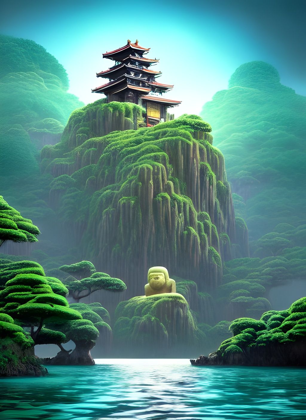 Dreamscape Golem at Water Temple: Hyperrealistic Digital Art