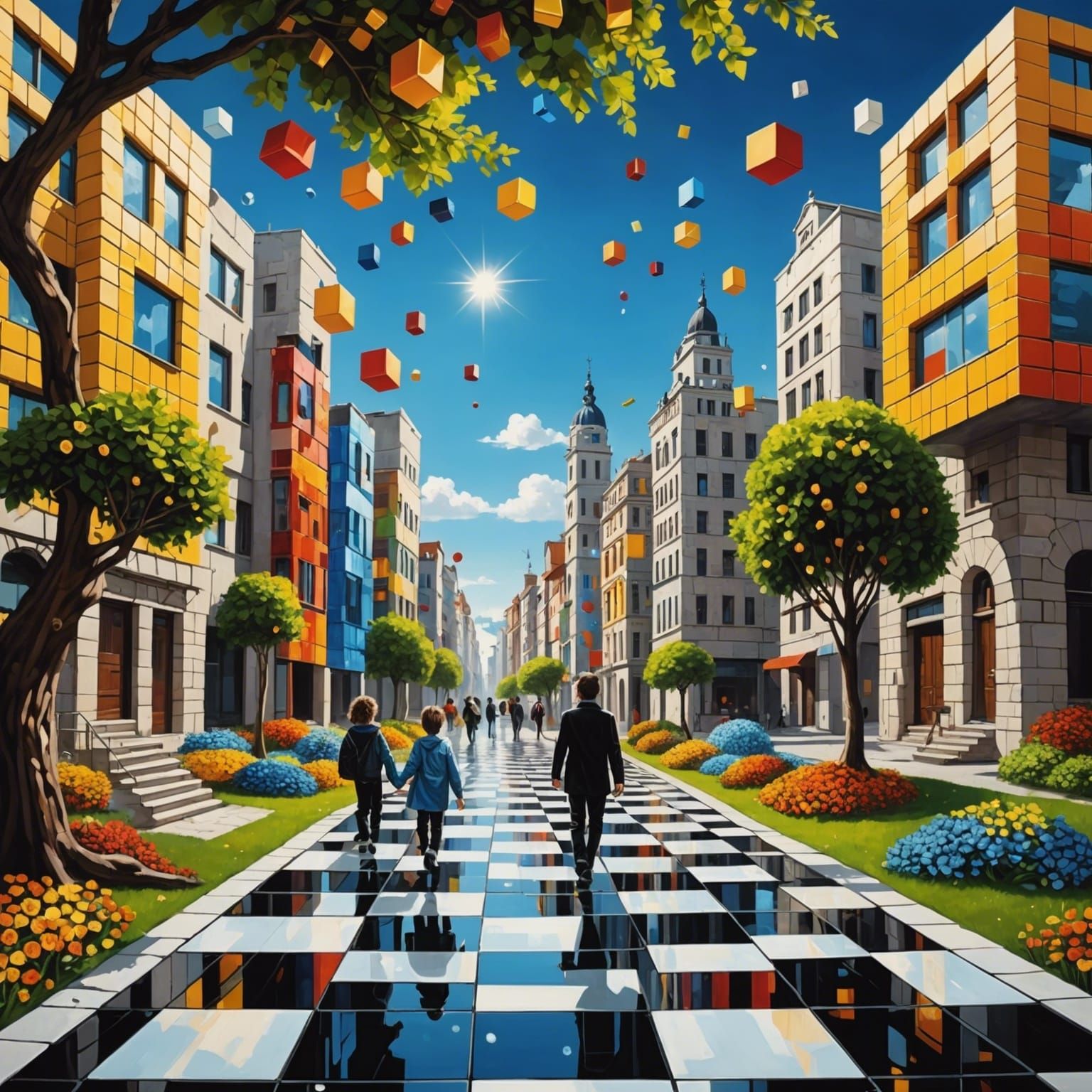 Surreal Rubik's Cube Cityscape in Salvador Dali Style