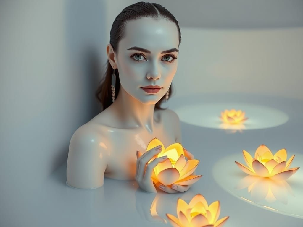 Serene Woman in White Pool with Glowing Lotus