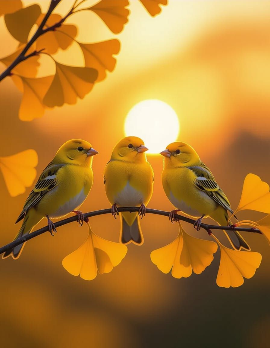 Yellow Canaries on Ginkgo Branch at Sunset