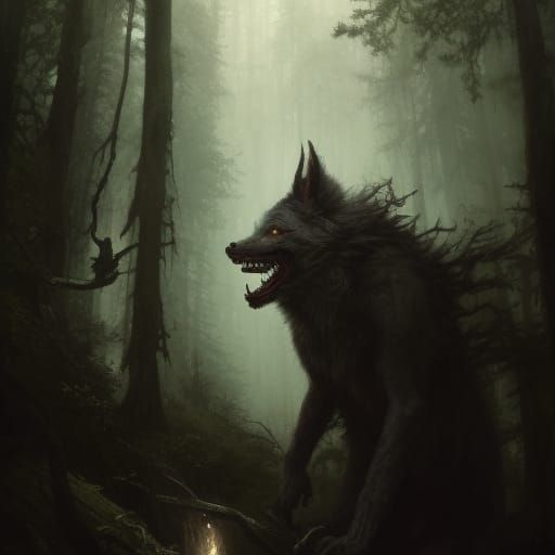 Werewolf Portrait in Mystical Forest, Detailed Fantasy Art