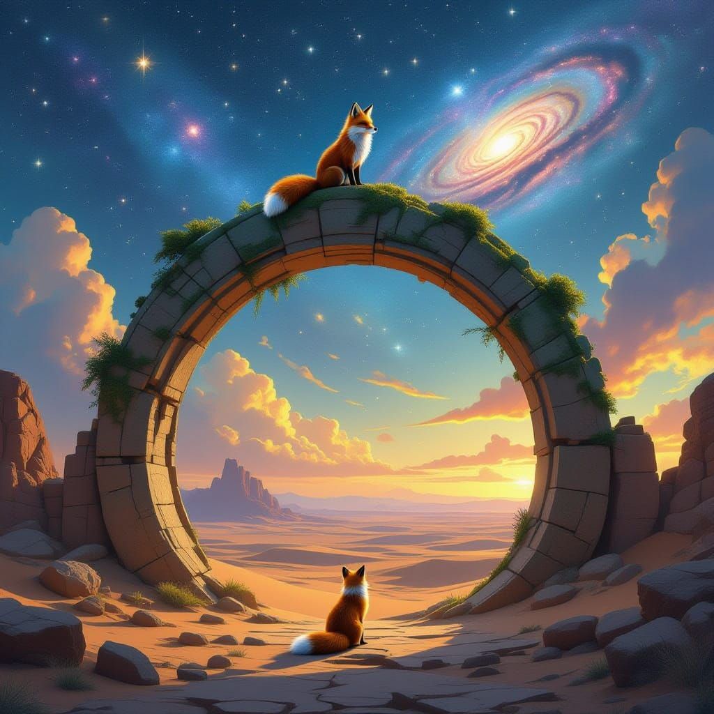 Stardust Fox on Ancient Archway in Alien Desert