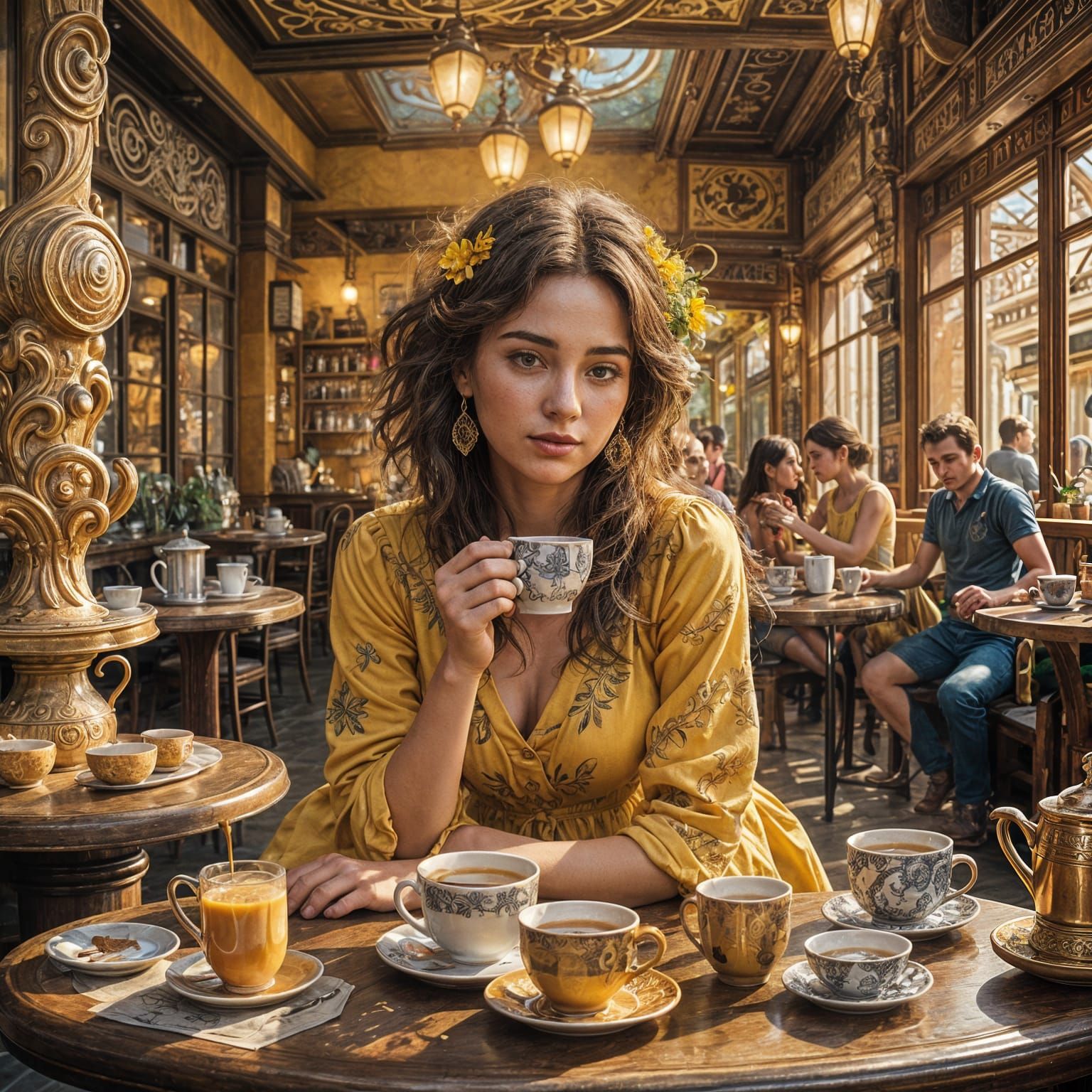 Woman in Yellow Dress at Cafe, Digital Art