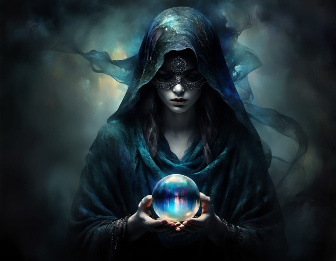 Blindfolded Diviner with Crystal Ball at Crossroads